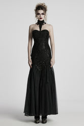 Black Off Shoulder Embroidery Lace Slim Women's Gothic Gown Fishtail Dress